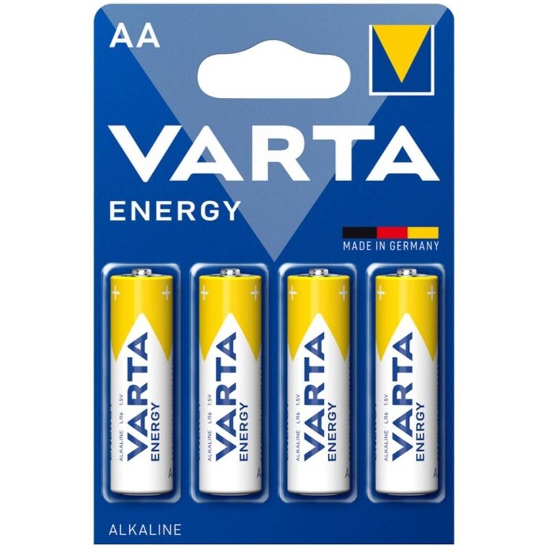 Batterie alcaline AA VARTA Energy LR6 in blister da 4 pezzi, confezione con quattro batterie cilindriche.