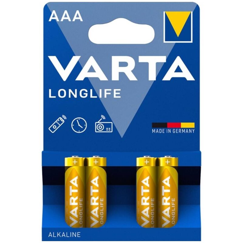 Set di 4 batterie alcaline AAA VARTA Longlife LR03 in blister, ideale per dispositivi portatili e piccoli apparecchi elettronici.