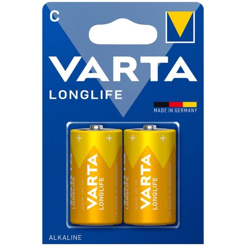 Paire de 2 batterie alcaline VARTA Longlife C LR14 dans un blister, idéales pour appareils électroniques.
