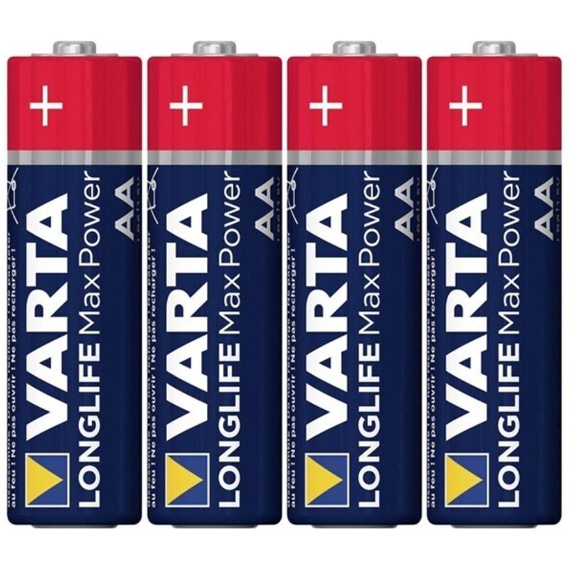 Pacchi di 4 batterie alcaline AA LR6 VARTA Max Power retrattili, visibili nella confezione con etichetta e dimensioni standard