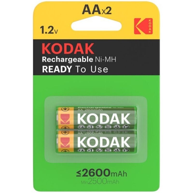 Batterie ricaricabili KODAK HR6 AA da 2600mAh in blister, energia riutilizzabile per dispositivi elettronici.