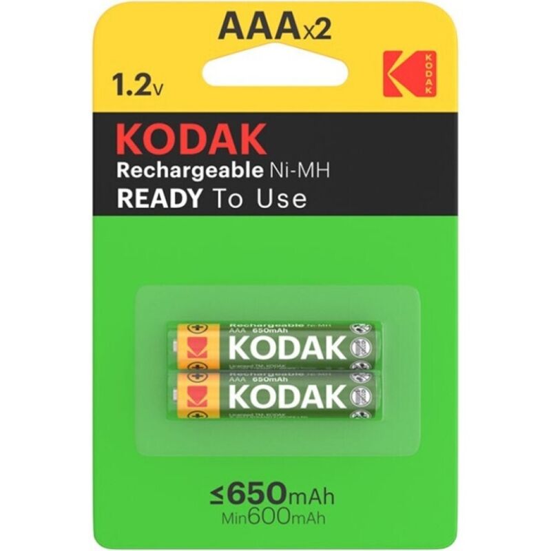 Batterie ricaricabili AAA KODAK HR03 650mAh in blister, visibili con etichette e contatti metallici.