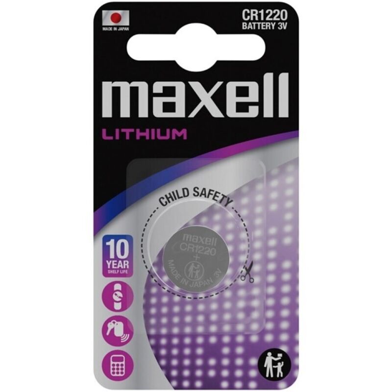 Batteria a bottone al litio MAXELL CR1220 da 3V in blister, piccola e rotonda, ideale per dispositivi elettronici.