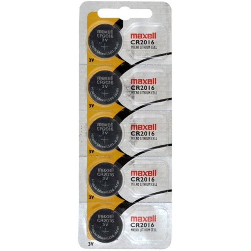 Set di 5 batterie al litio CR2016 da 3V Maxell, batteria a bottone compatibile con dispositivi elettronici.