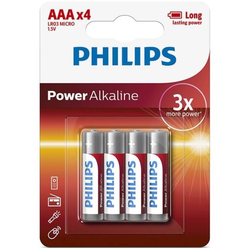 Batterie alcaline AAA LR03 Phillips in blister da 4 pezzi, confezione con quattro batterie ricaricabili e di lunga durata.