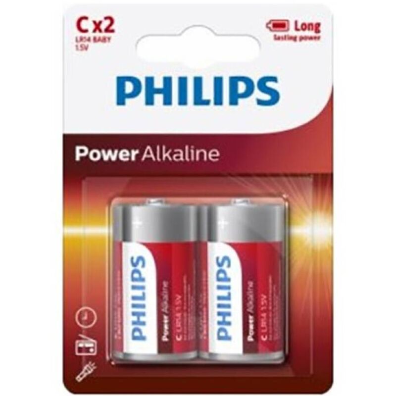 Batterie alcaliniche Power C LR14 Philips in blister da due pezzi, ideali per dispositivi portatili e giocattoli.