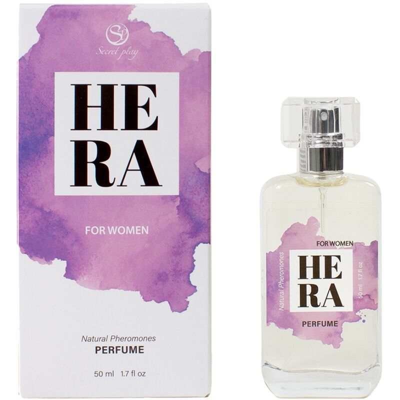 Spray di profumo naturale SECRETPLAY HERA con feromoni per donna, flacone da 50 ml, eleganti dettagli visivi sul packaging