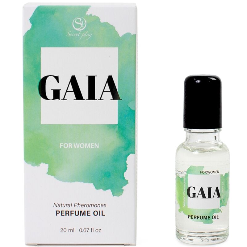 Olio di feromoni naturale Gaia di SECRETPLAY COSMETIC, 20 ml, bottiglia con contagocce e etichetta bianca e verde.