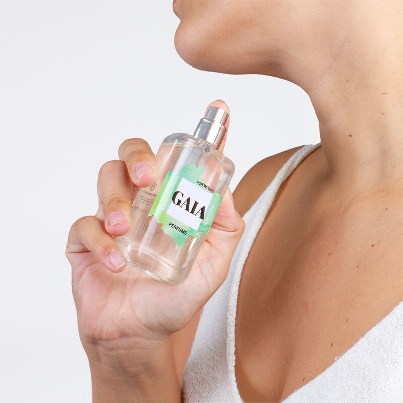 Spray per profumo naturale Secretplay Gaia con feromoni per donna, flacone da 50 ml, con etichetta e spray spray.