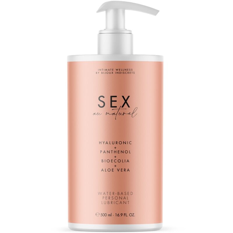 Lubrificante personale a base d'acqua BIJOUX AU NATUREL, bottiglia da 500 ml, mostrata in immagine con etichetta e tappo.