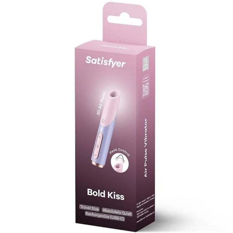 Stimolatore clitorideo Satisfyer Bold Kiss Wave rosa/viola con tecnologia Air Pulse, design ergonomico e dettagli colorati.