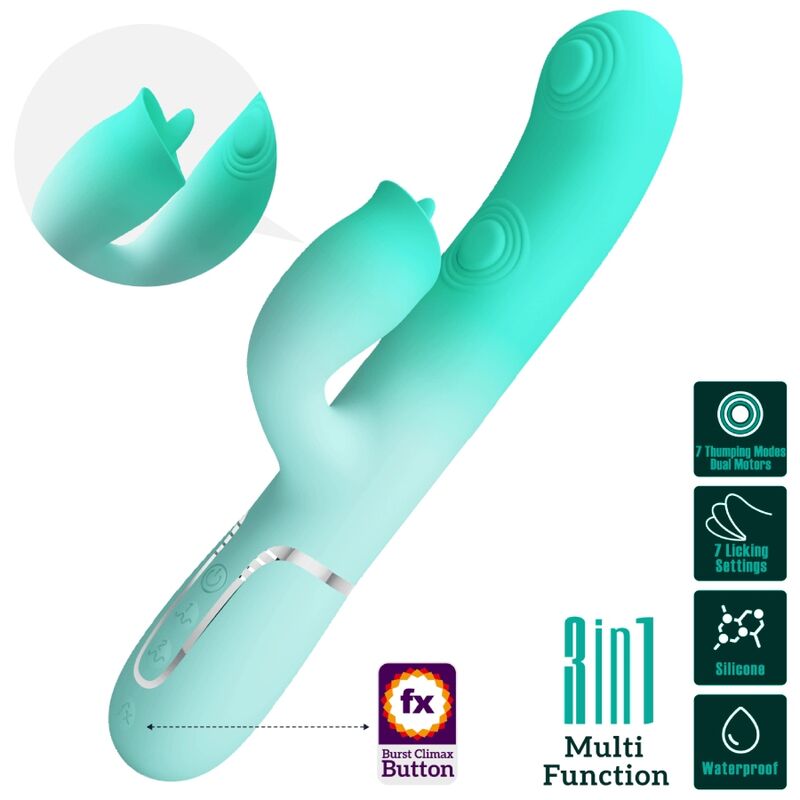 Vibratore multifunzione coniglio Gigi di colore verde acqua, prodotto PRETTY LOVE FLIRTATION, con dettagli realistici e design ergonomico.