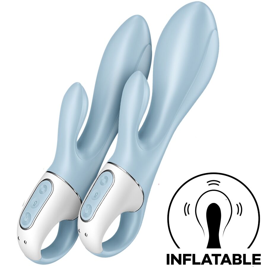 Stimolatore gonfiabile coniglio blu SATISFYER AIR PUMP BUNNY, vibratore compatto con design a coniglio in dettaglio.