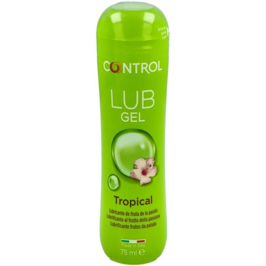 Gel lubrificante tropical CONTROL LUBES, 75 ml, contenuto in un flacone con etichetta colorata, ideale per uso intimo.