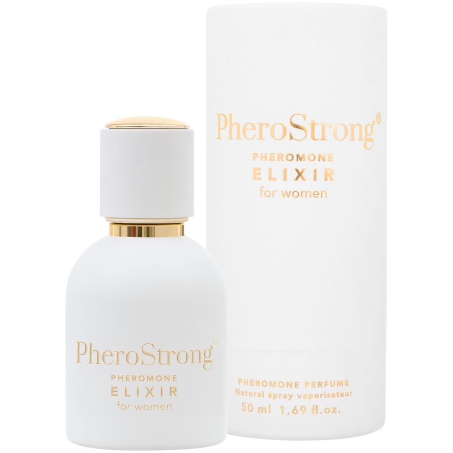 Elisir ai feromoni Pherostrong per donne, flacone da 50 ml, con confezione elegante e dettagli del prodotto visibili.