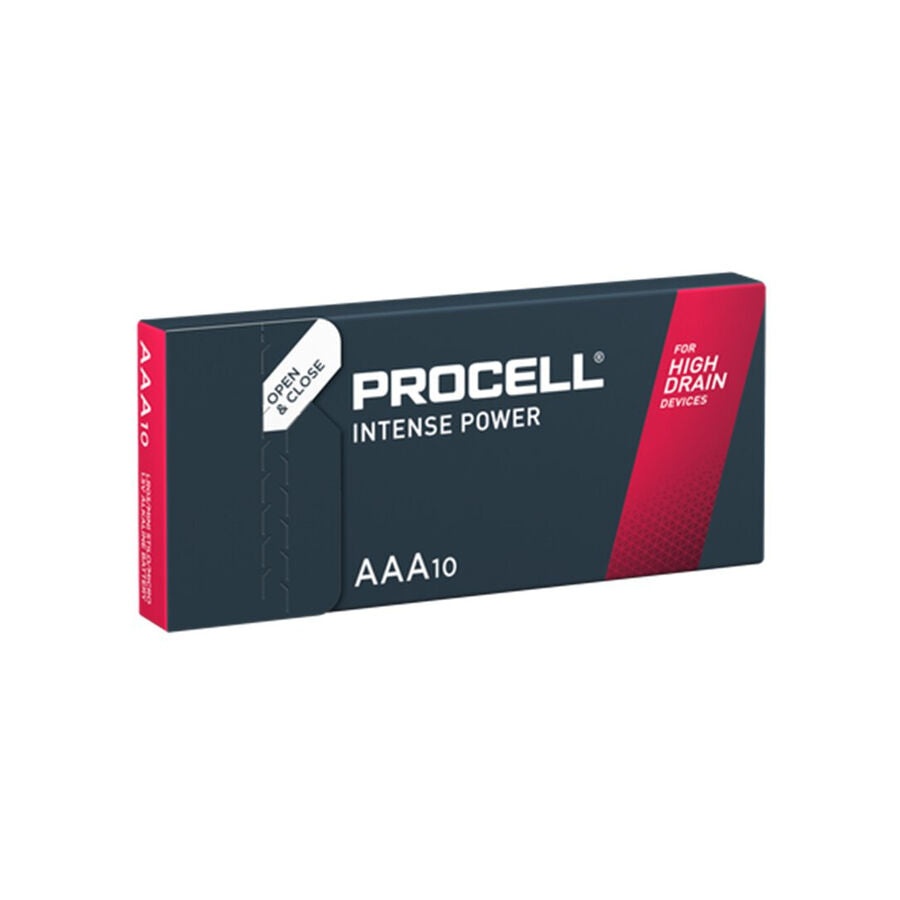 Pile alcaline AAA PROCELL Intense Power LR03 da 1,5V in confezione da 10, visibili in scatola.