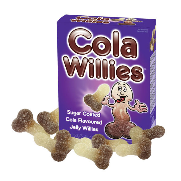 Caramelle masticabili Spencer & Fleetwood a forma di pene con gusto cola, dolci colorati e divertenti in immagine.