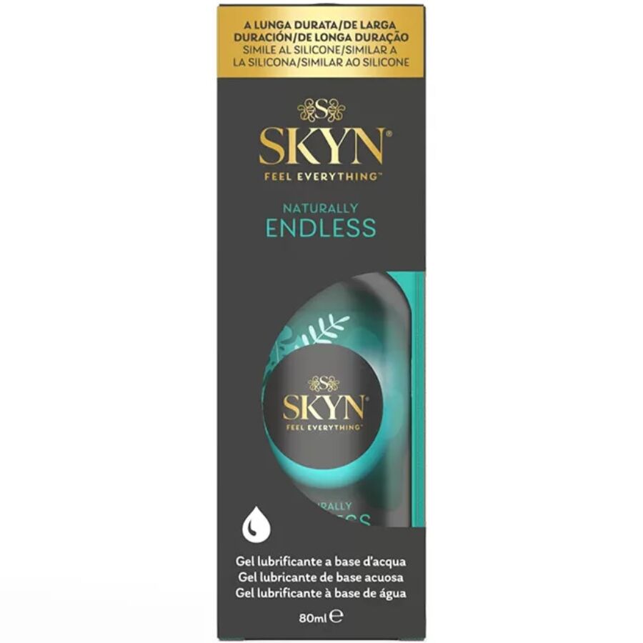 Lubrificante a base d'acqua SKYN naturale da 80 ml, bottiglia con etichetta bianca e tappo trasparente.