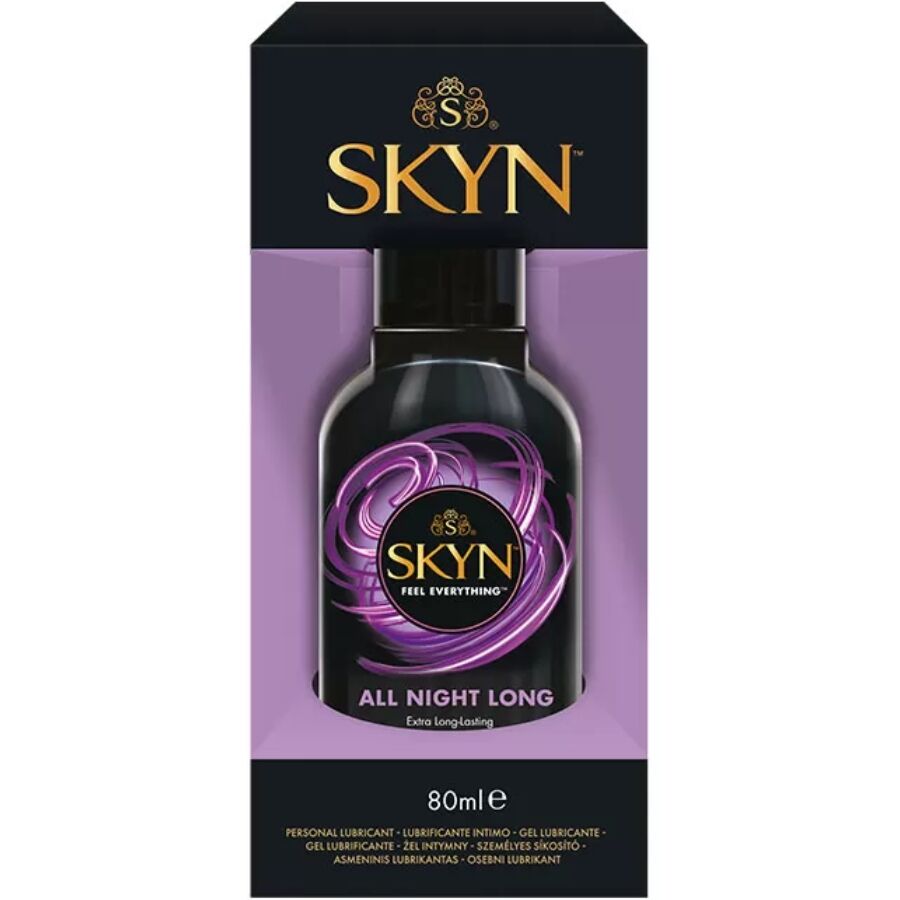 Lubrificante al silicone SKYN per tutta la notte, bottiglia da 80 ml, con etichetta blu e contenuto fluido.