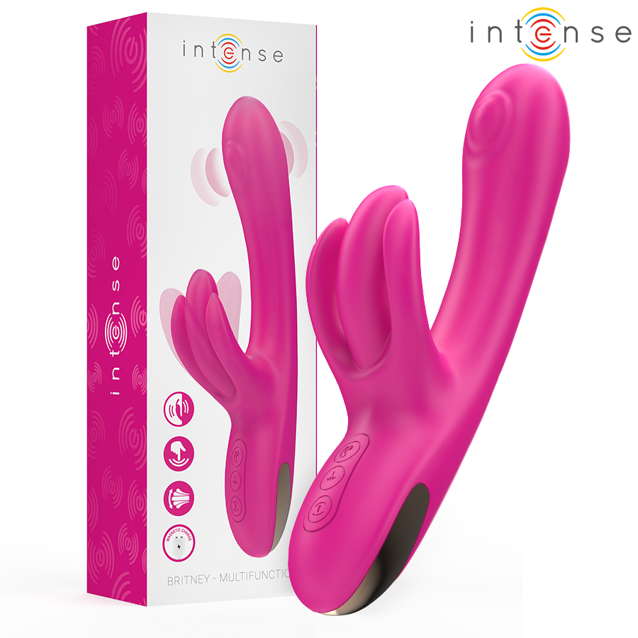 Vibratore multifunzione coniglio Britney di INTENSE FUN, rosa, 23 cm, con dettagli realistici e design ergonomico.