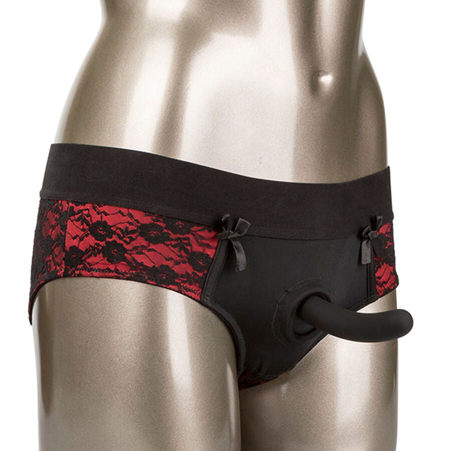 Set di slip senza cavallo CALEXOTICS SCANDAL con dildo, taglia S/M, in tessuto nero con dettagli trasparenti.