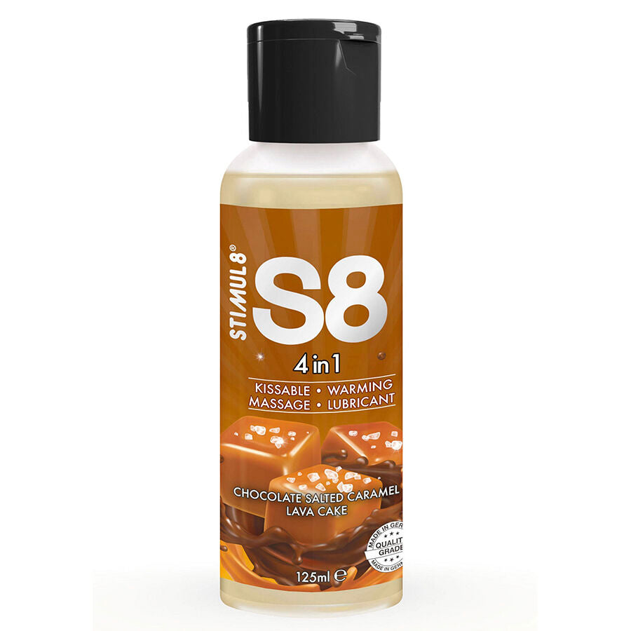 Lubrificante STIMUL8 S8 4 in 1 al cioccolato e caramel salato, bottiglia da 125 ml con etichetta colorata e design elegante