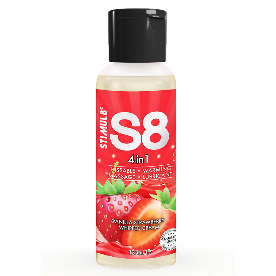 Lubrificante STIMUL8 S8 4 in 1 al dessert alla fragola, confezione da 125 ml, con aroma alla fragola e formula versatile