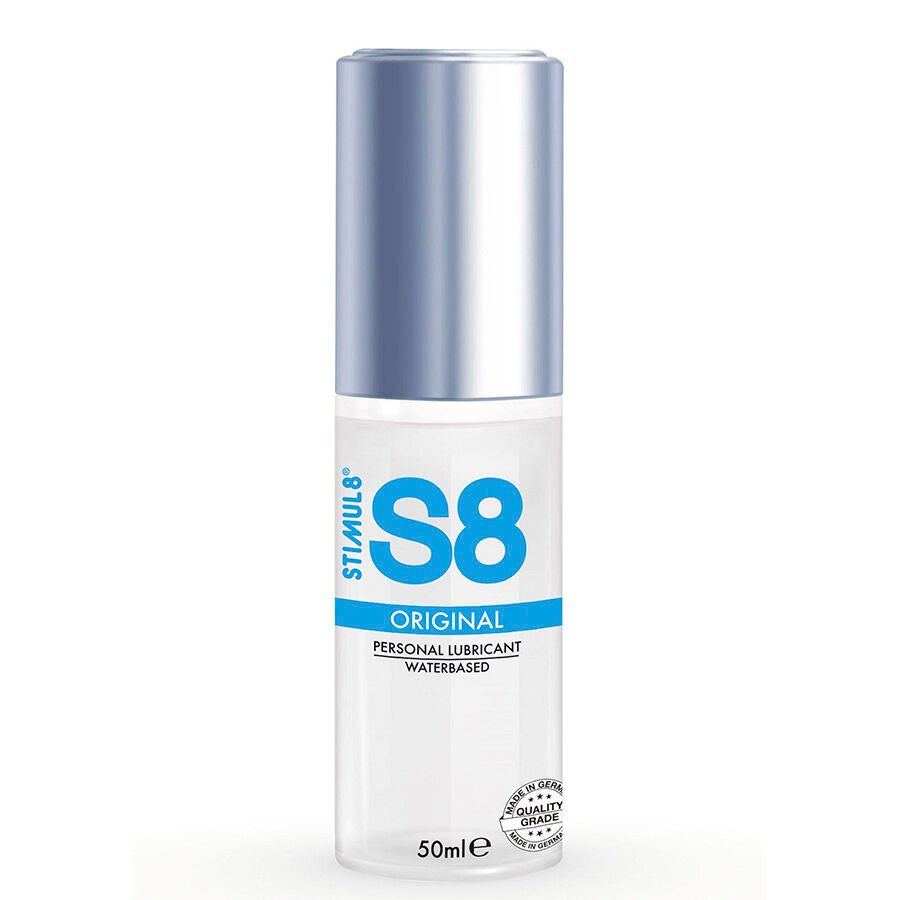 Lubrificante a base d'acqua STIMUL8 S8 in flacone da 50 ml, con etichetta visibile e dettaglio del contenuto.