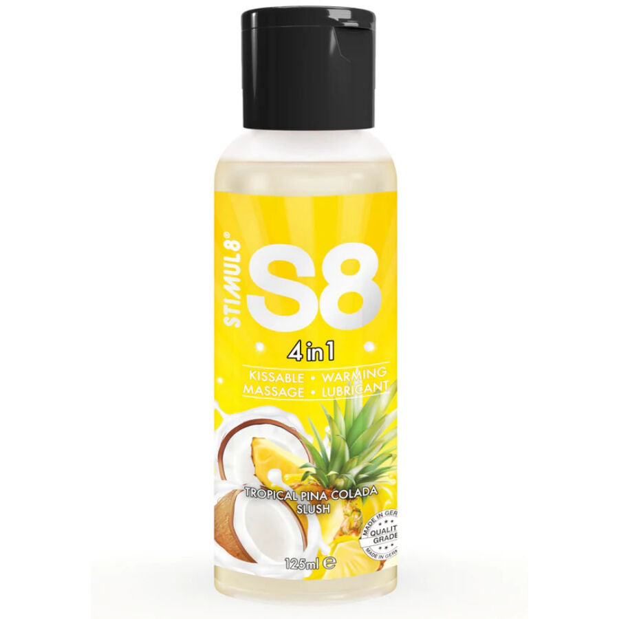 Lubrificante STIMUL8 S8 4 in 1 per dessert Pina Colada, bottiglia da 125 ml, con etichetta colorata e design attraente