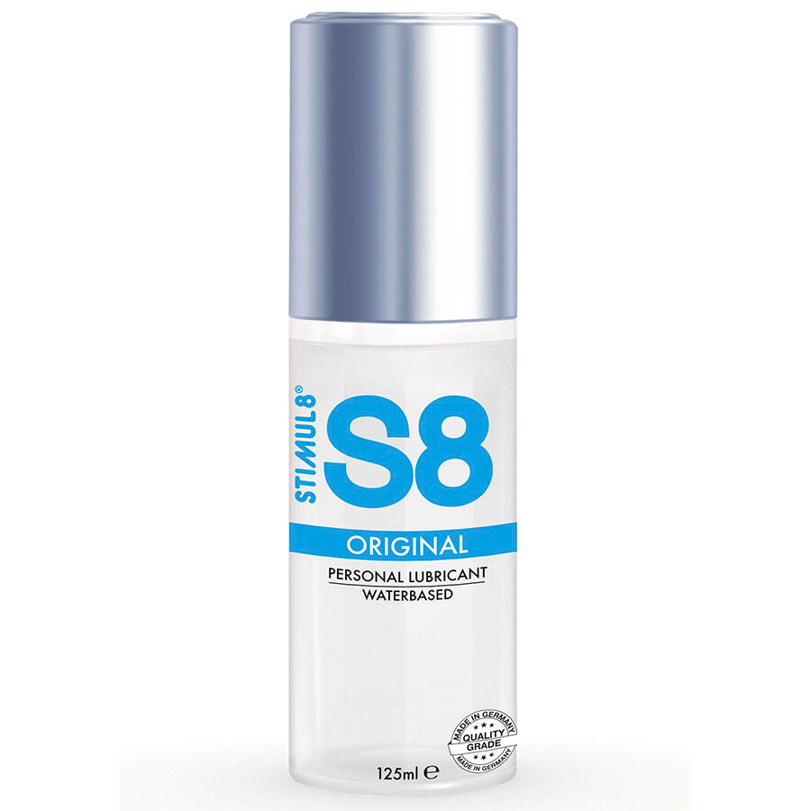 Lubrificante a base d'acqua StimUL8 S8 da 125 ml, bottiglia con etichetta blu e tappo bianco, ideale per uso intimo.