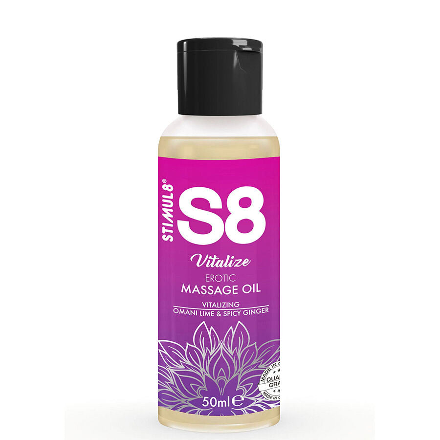 Olio per massaggi erotici STIMUL8 S8 Vitalize al lime in bottiglia da 50 ml, con etichetta e tappo.