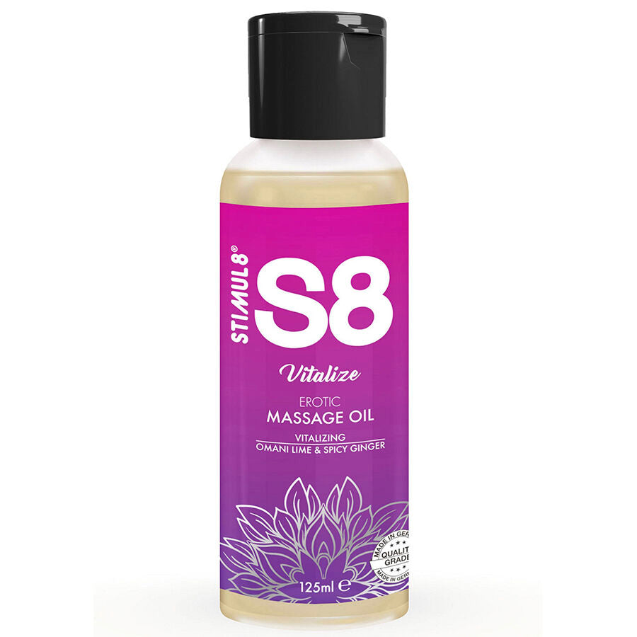 Olio da massaggio al lime STIMUL8 S8 Vitalize, flacone da 125 ml con etichetta verde e tappo bianco, vista in primo piano.