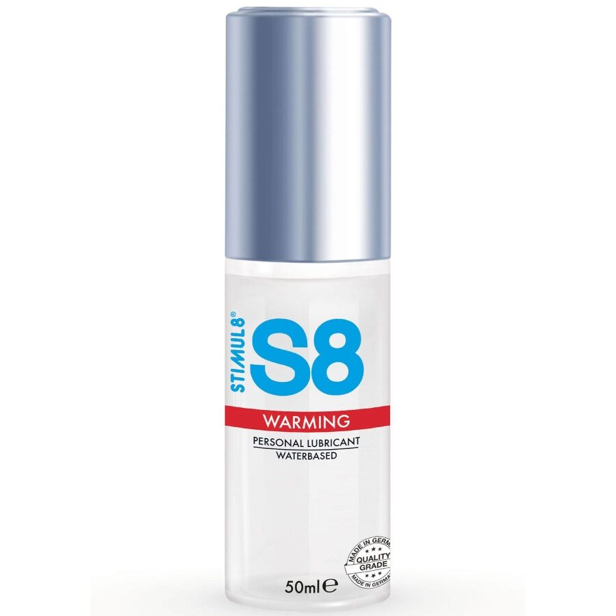 Lubrificante effetto calore STIMUL8 S8 in bottiglia da 50 ml, gel trasparente per sensazioni intensificate.