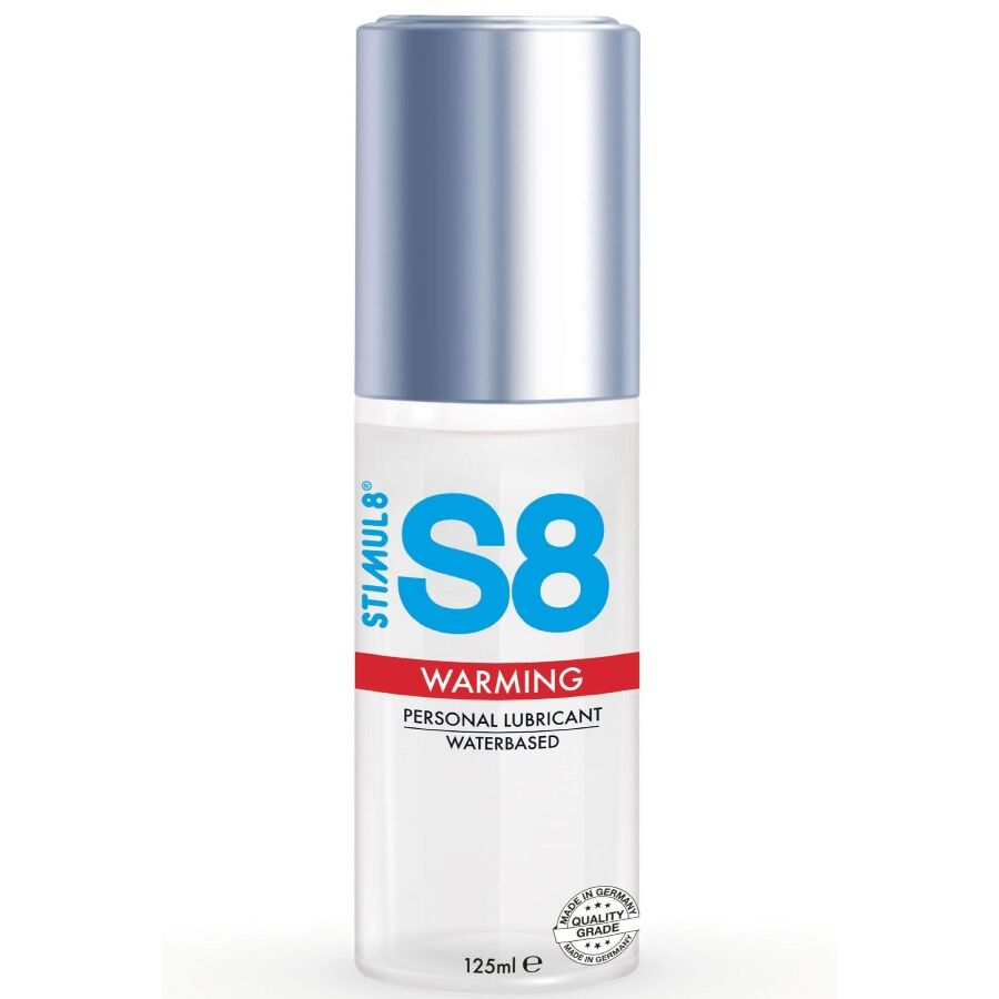 Lubrificante STIMUL8 S8 effetto calore in bottiglia da 125 ml, con etichetta e dettagli del prodotto visibili.