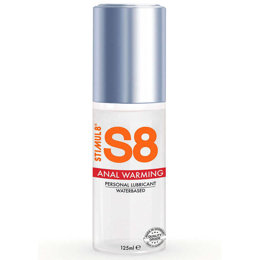 Lubrificante anale STIMUL8 S8 con effetto calore, flacone da 125 ml, gel morbido e viscoso per piacere e comfort.