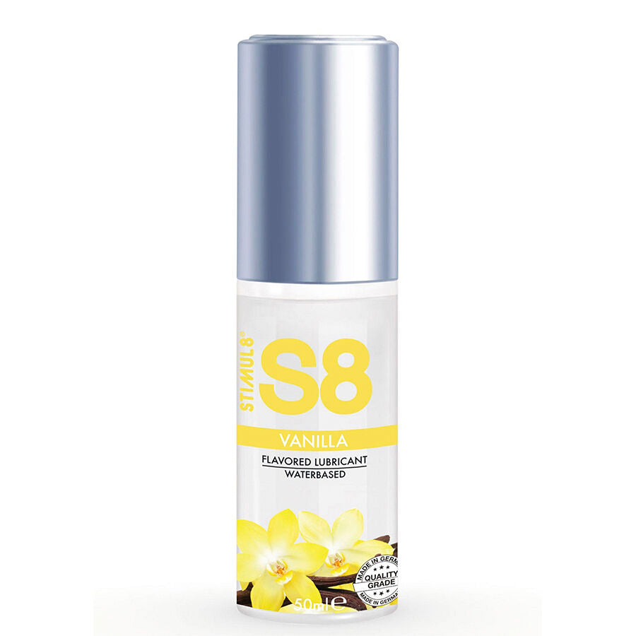Lubrificante alla vaniglia STIMUL8 S8 in flacone da 50 ml, con etichetta e dettagli del prodotto visibili.