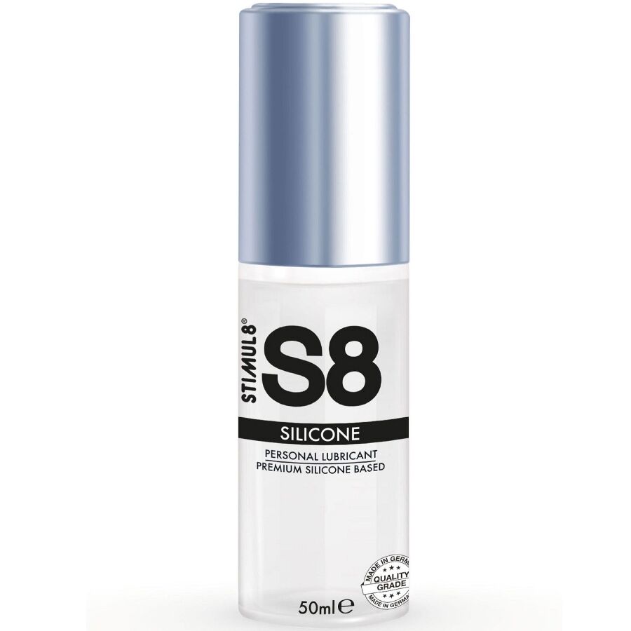 Lubrificante al silicone STIMUL8 S8 in flacone da 50 ml, con etichetta e contenuto trasparente visibile sull'immagine.