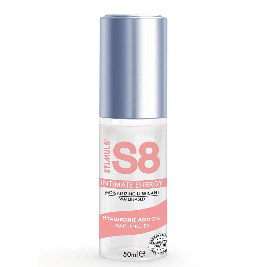 Lubrificante intimo STIMUL8 S8 con ialuronio, flacone da 50 ml, mostra il contenuto trasparente e la bottiglia con etichetta.