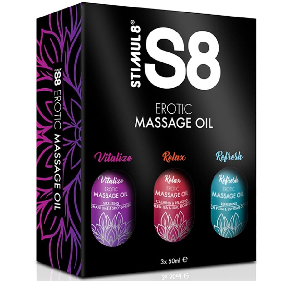Olio per massaggi Stimul8 S8 in confezione da 3 bottiglie da 50 ml, con bottiglia e etichetta visibili.