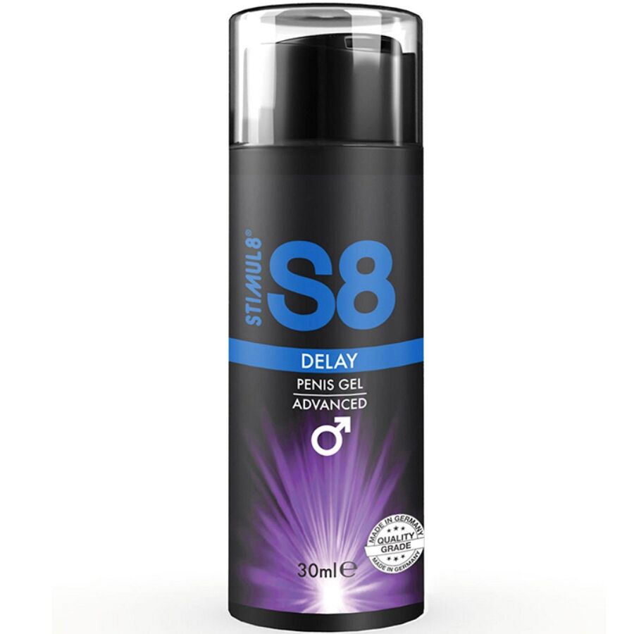 Gel ritardo per il pene STIMUL8 S8, confezione da 30 ml, flacone con etichetta blu e bianca, visibile in immagine.