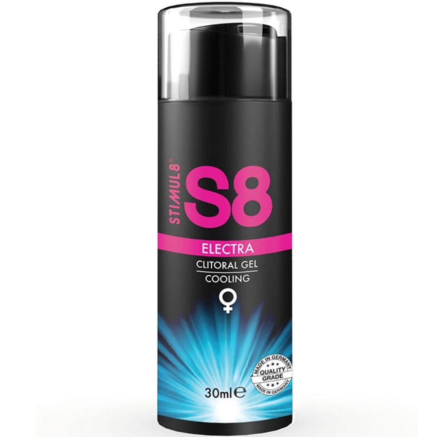 Gel stimolante per clitoride StimUL8 S8 Electra con effetto freddo, flacone da 30 ml, texture trasparente e naturale.