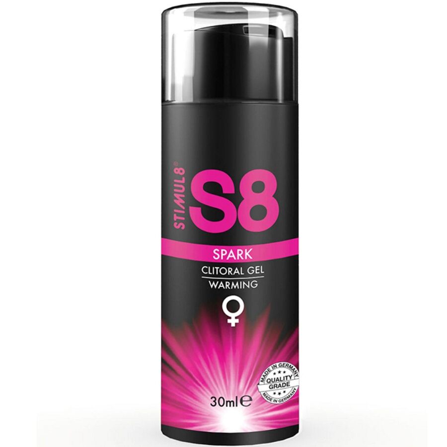 Gel stimolante clitorideo Stim8 S8 Spark con effetto calore, flacone da 30 ml, con applicatore e etichetta visibile.