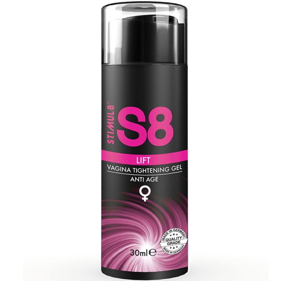 Gioiello in gel rassodante vaginale STIMUL8 S8 LIFT, flacone da 30 ml con etichetta e tubo di gel, vista frontale.