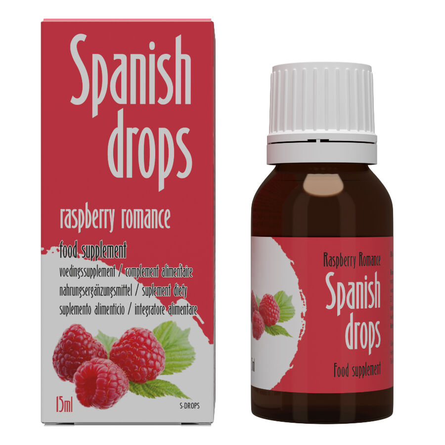 Scatola di drops alla lampone COBECO SPANISH DROPS RASPBERRY ROMANCE da 15 ml, bottiglia con etichetta colorata e gocce di liquido rosso.
