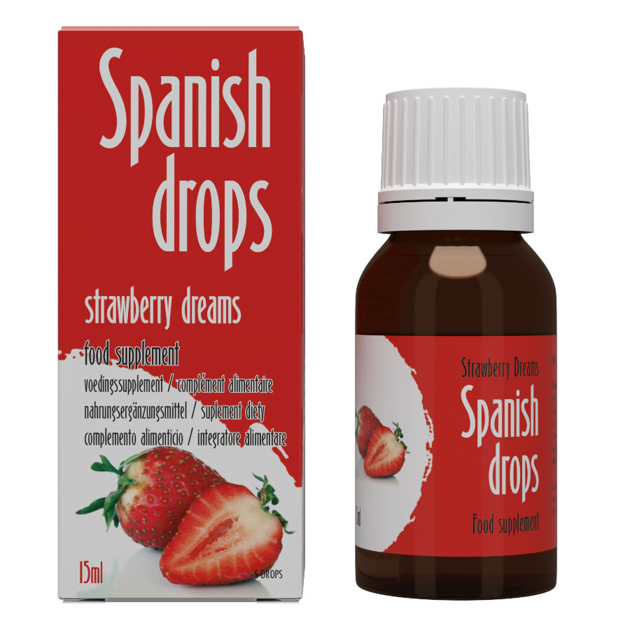 Scatola di aromi COBECO Spanish Drops Sogni di Fragola da 15 ml, bottiglia con etichetta rossa e gocce di fragola.