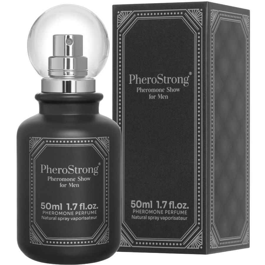 Profumo Pherostrong ai feromoni per uomo, flacone da 50 ml con etichetta elegante e logo del brand.