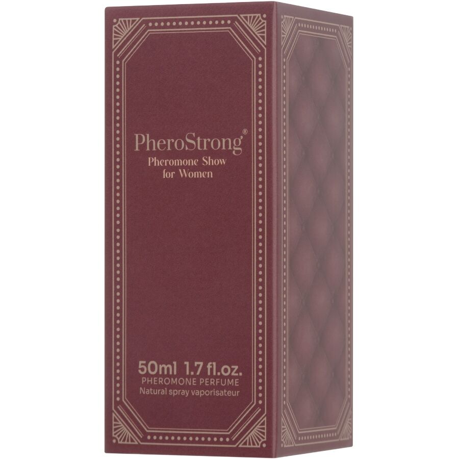 Profumo ai feromoni Pherostrong Show per donna in flacone da 50 ml, bottiglia elegante e profumata.