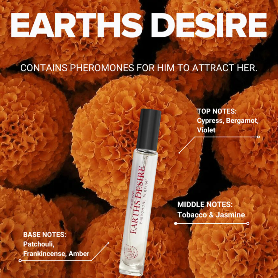 Profumo Bloom Maschile Sativa Earths Desire di EYE OF LOVE, flacone da 30 ml con etichetta con dettagli del prodotto.