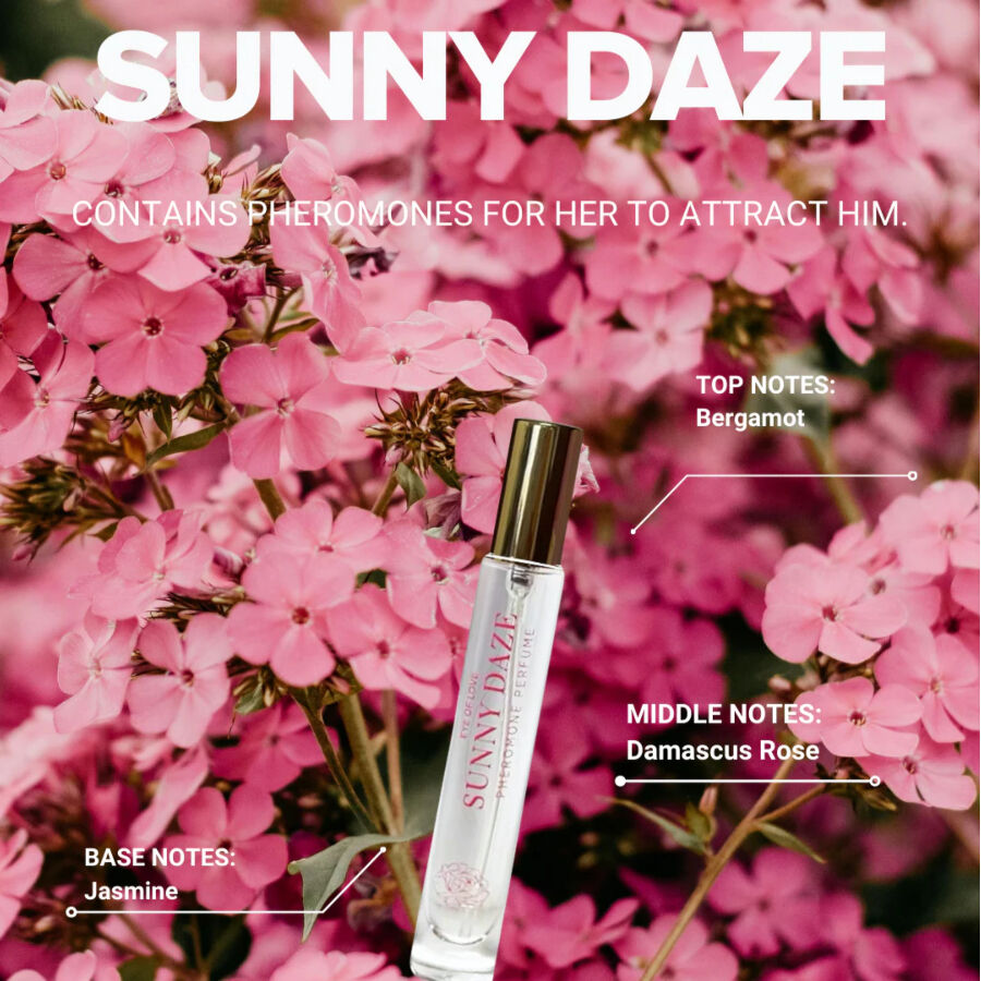 Profumo femminile EYE OF LOVE Bloom Sativa Sunny Daze, flacone da 30 ml con etichetta colorata e dettagli floreali.