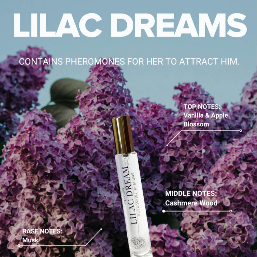Profumo Bloom Female Indica Lilac Dream di EYE OF LOVE, flacone da 30 ml, con etichetta viola e dettagli eleganti.